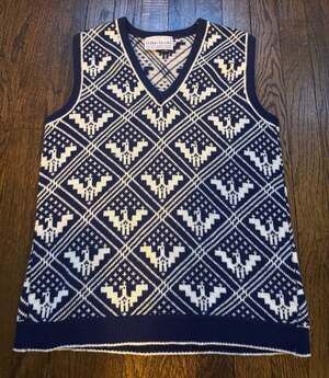 VTG ‘60s Bobbie Brooks Eagle Knit V-Neck Sweater Vest Navy White COLLEGIATE MOD